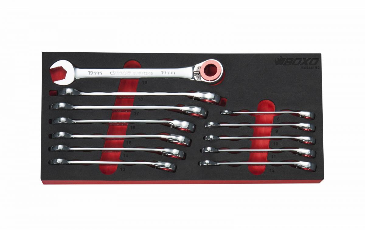 12 PC 100T METRIC RATCHETING COMBINATION WRENCH SET WITH MAGNETIC STOP / RETAINER RING & GRIP DRIVE OPEN END  BX288-R2