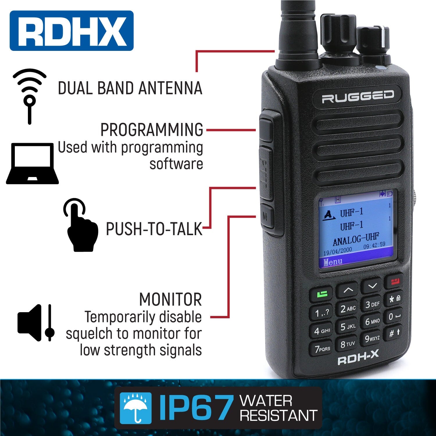 WATERPROOF - Rugged RDH-X - Business Band Two Way Handheld Radio - Digital and Analog