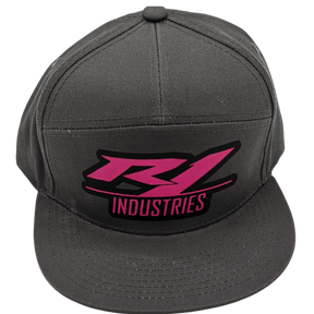 gray r1 snapback hat with pink logo