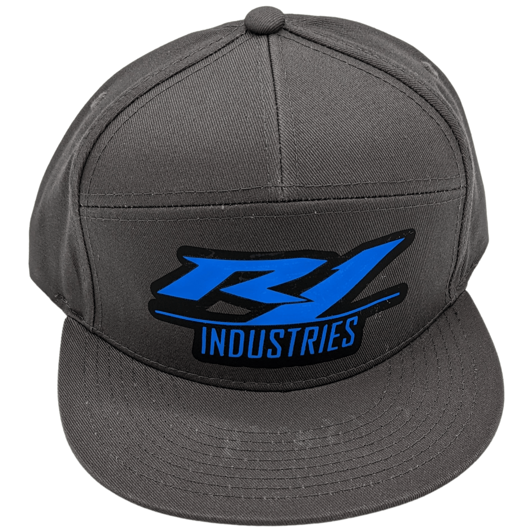 gray r1 snapback hat with sky blue logo