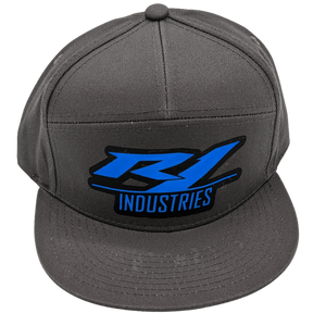 gray r1 snapback hat with sky blue logo